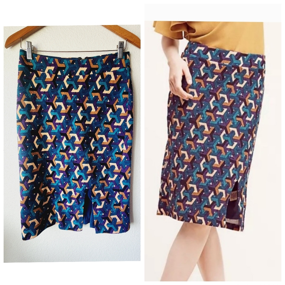 Maeve Geometric Print Pencil Skirt in Blue, Teal, Purple, and Tan